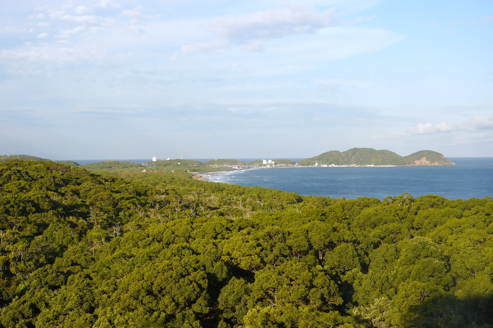 客室の窓から見た景色。手前に森、その先に砂浜と玄界灘の海、遠くに島影